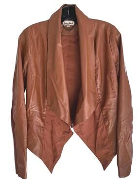 Lady Dutch Draped Front Cognac Faux Leather Open Front Jacket - Medium